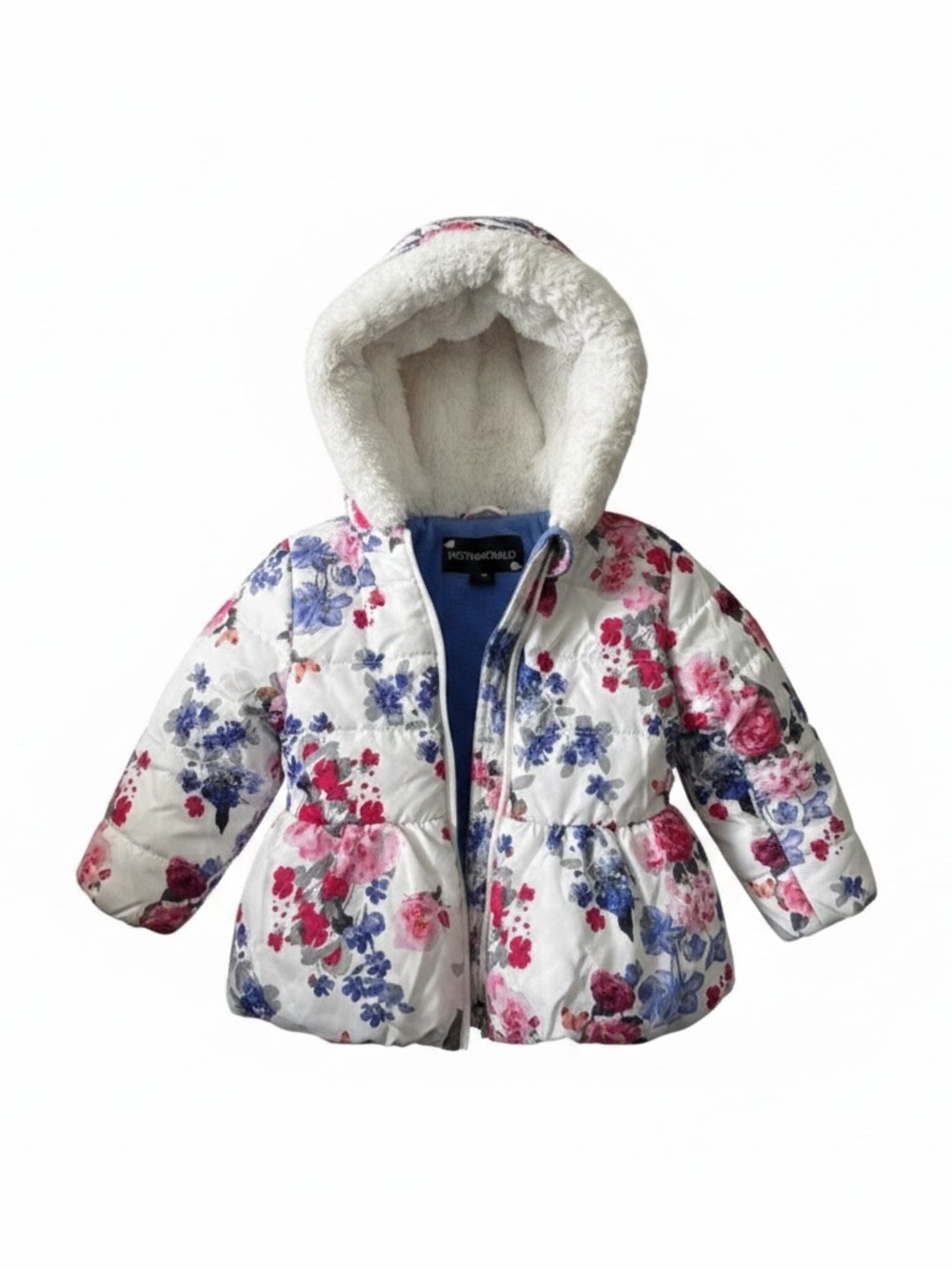 Rothschild Floral Hooded Puffer Jacket - White with Pink & Blue Flowers